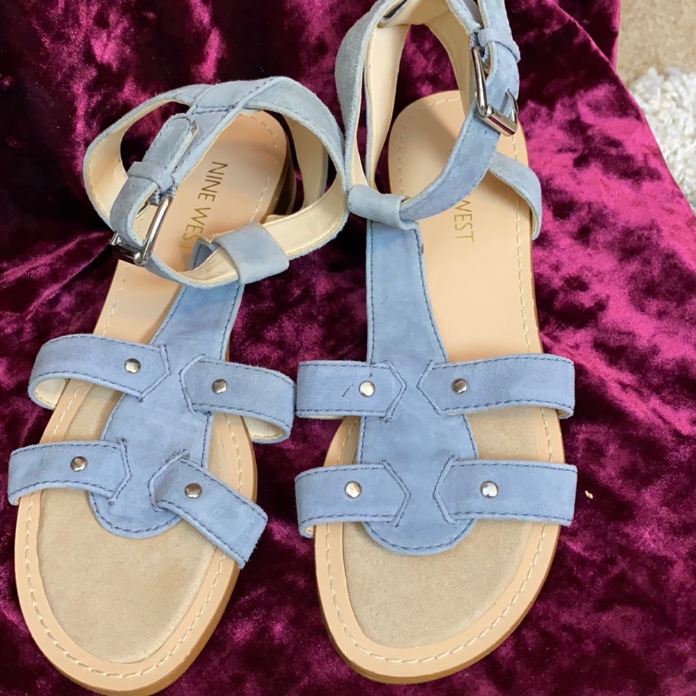 Nine West light blue/gray sandals leather uppers. Strap around ankle